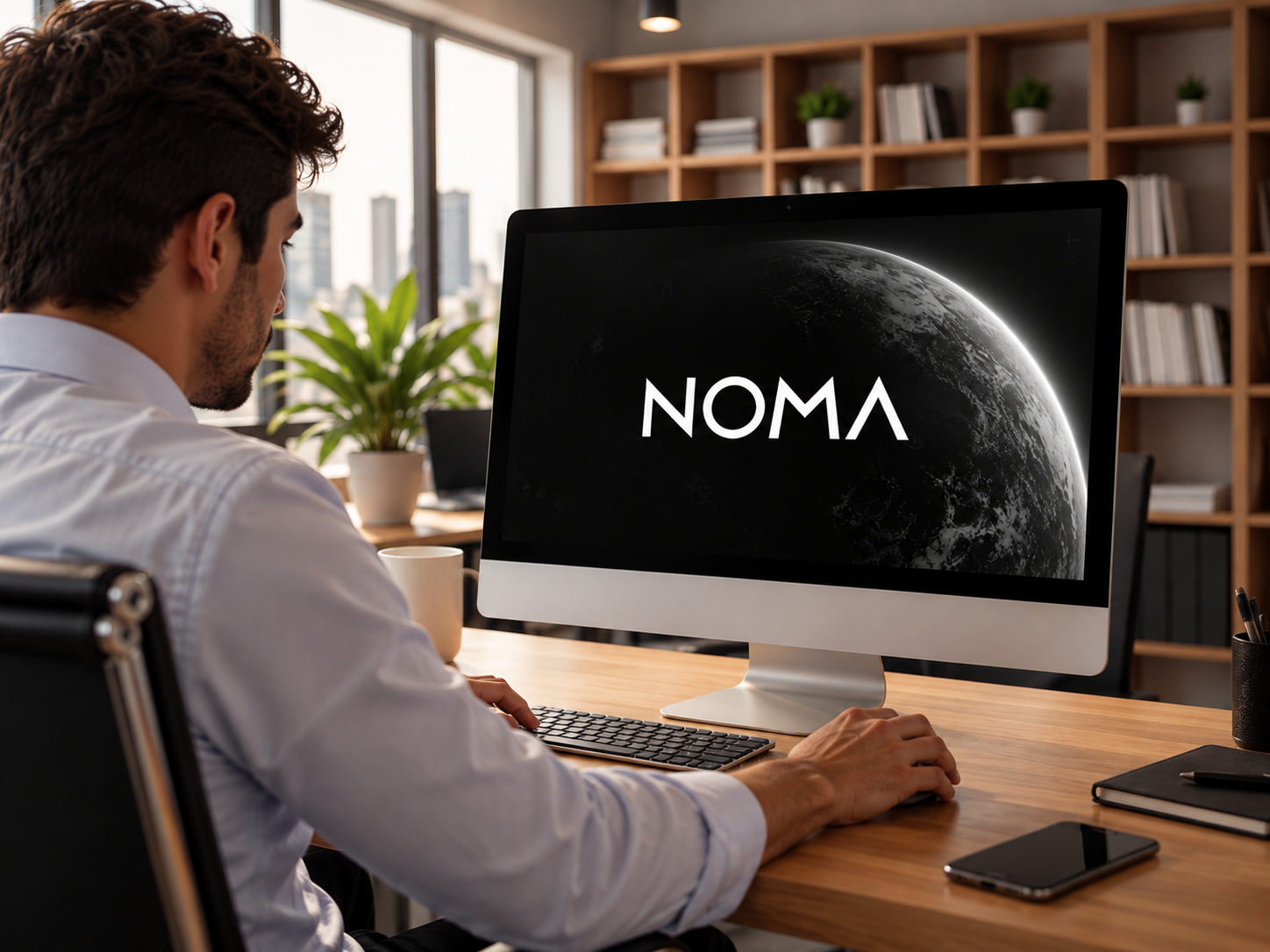 Profissional em escritório diante de computador com a marca NOMA na tela