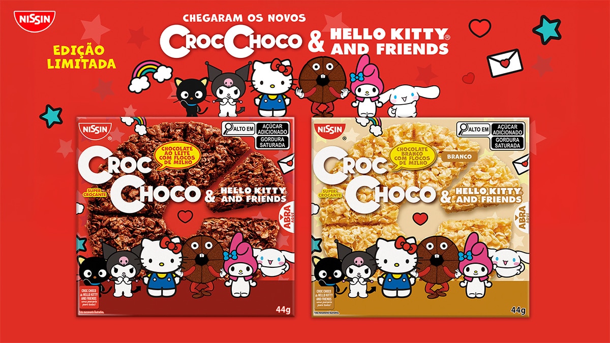 Embalagens da edição limitada de Croc Choco em parceria com Sanrio, com personagens de Hello Kitty and Friends